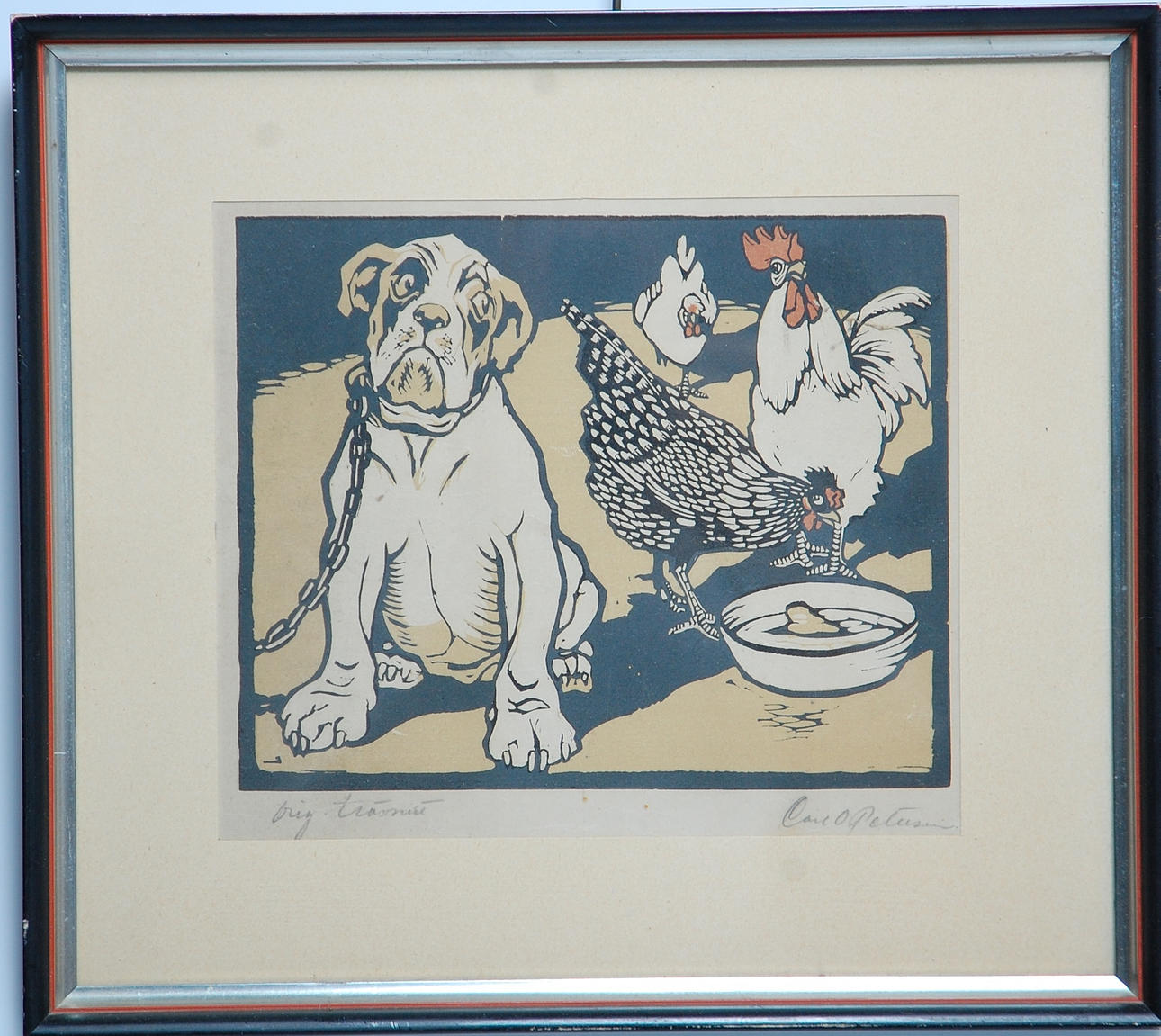 TRÄSNITT, " Höns i hundgården " signerad Carl O Petersen.