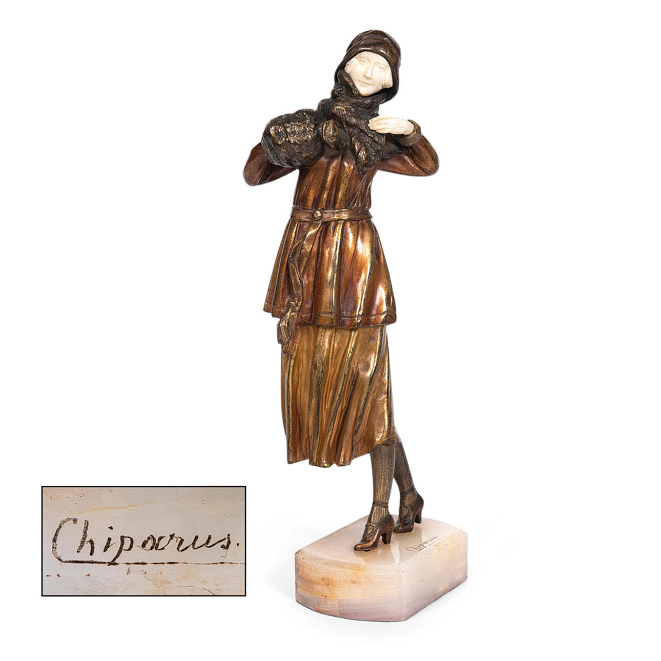 DEMETRE CHIPARUS (ROMANIAN 1886-1947) - ART DECO BRONZE & IVORY FIGURE 'WINTER'.