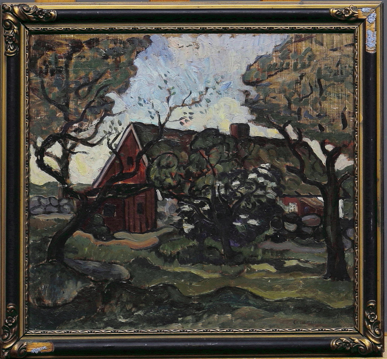 OKÄND KONSTNÄR, gårdshus, olja på papp-pannå, signerad Cederberg 26.