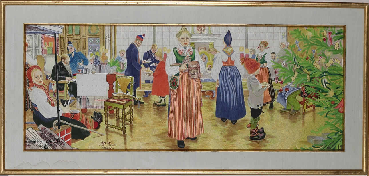 TAN MY. Vietnamesiskt silkesbroderi, efter Carl Larssons "Nu är det Jul igen, Sundborn 1907.