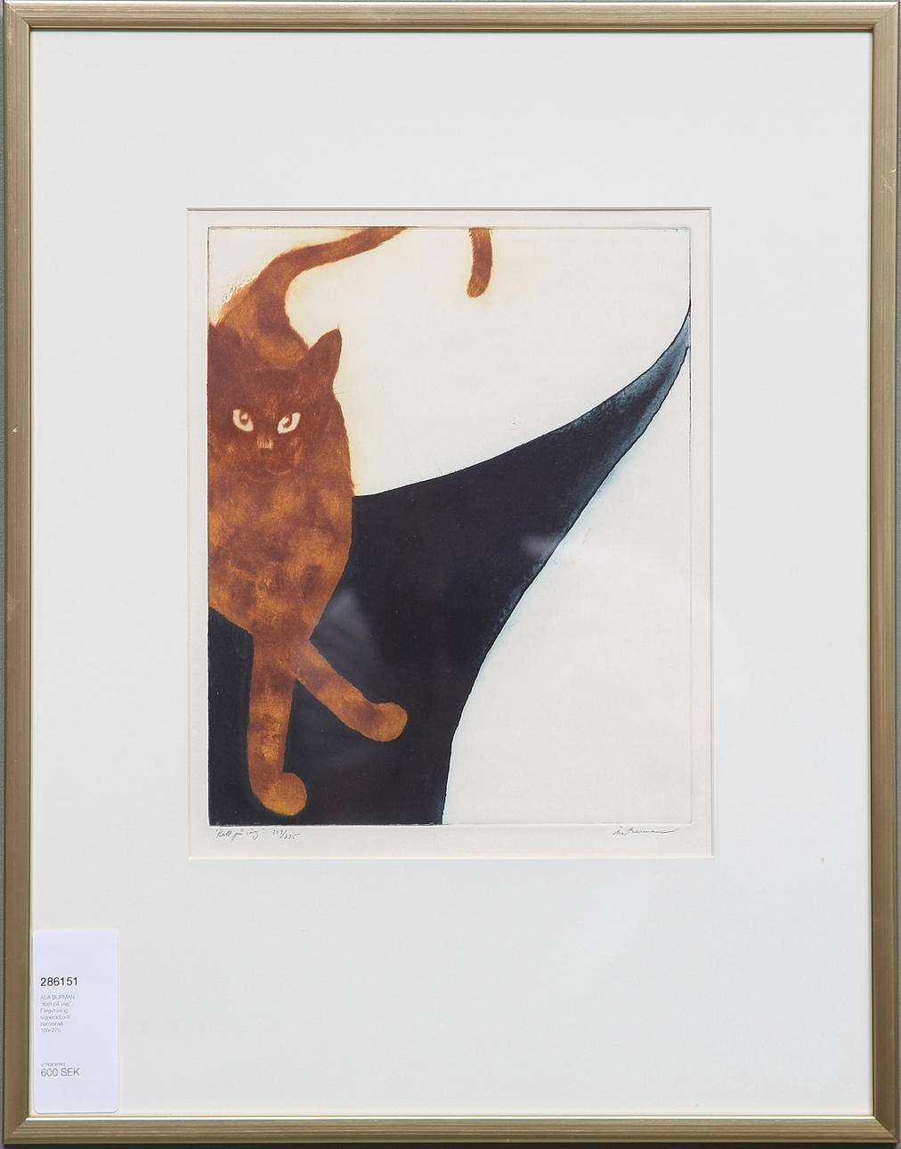ÅSA BURMAN. "Katt på väg". Färgetsning, signerad och numrerad 109/275.