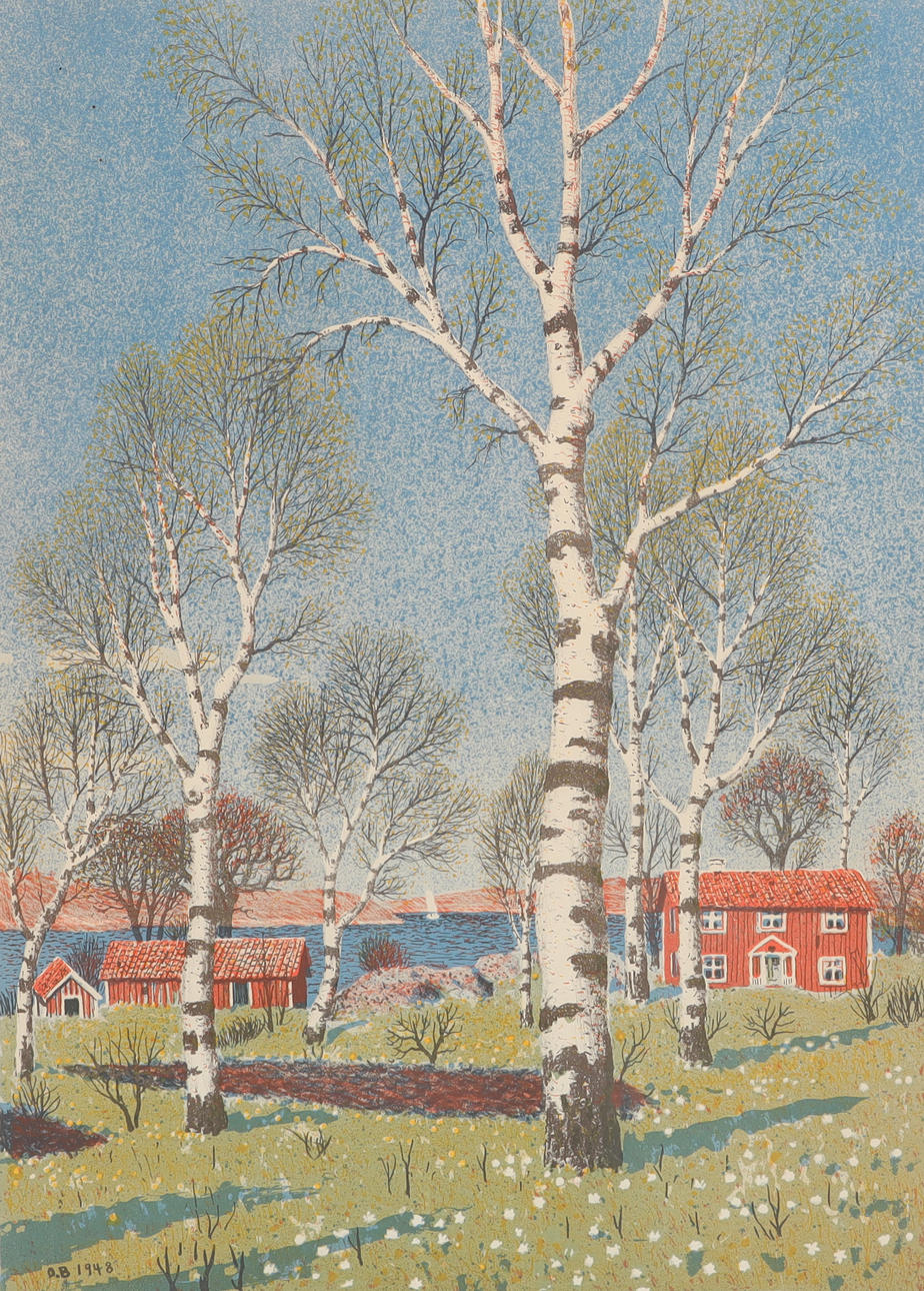 OSKAR BERGMAN. Coastal motif with birches, color lithograph.
