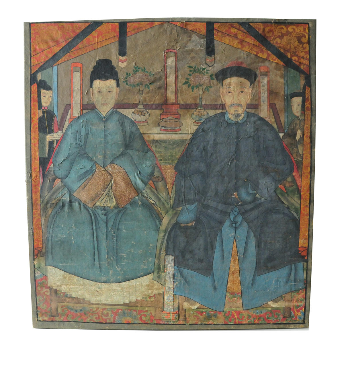 KINESISKT PAR. Tempera på duk. Kina, 1800-tal.