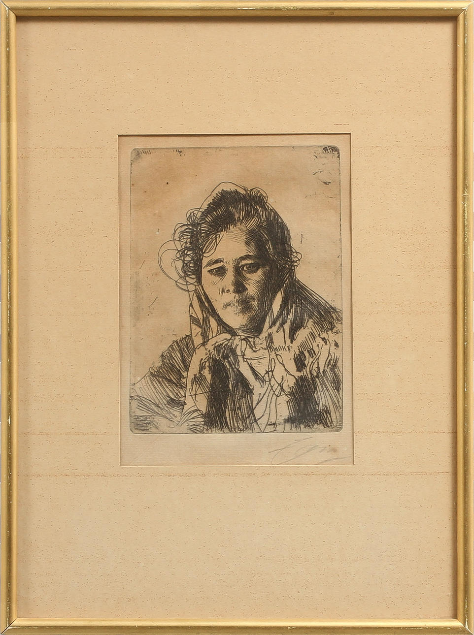 ANDERS ZORN. Etsning, "Kråkbergs Anna", signerad.