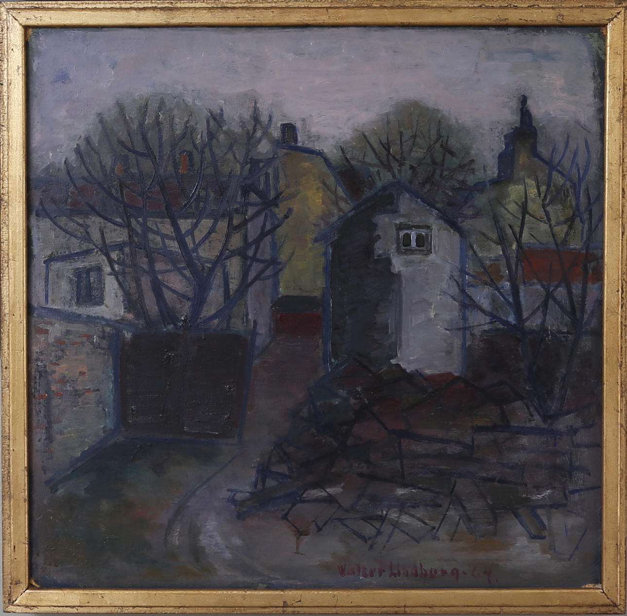 VALTER LINDBERG. "Husrivning" Kalmarmotiv, olja på pannå, signerad och daterad -64.