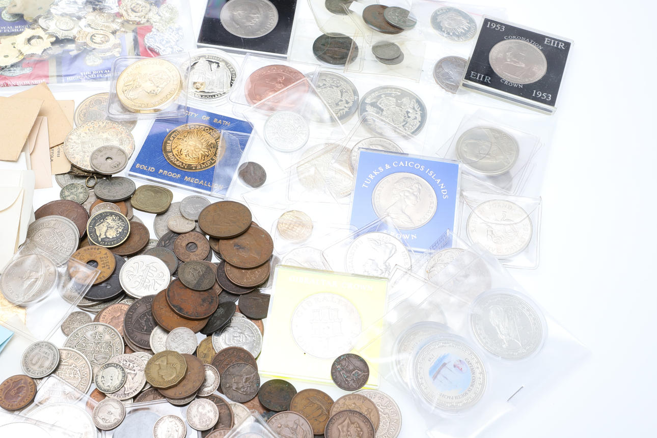 A LARGE COLLECTION OF WORLD COINAGE AND OTHER RELATED ITEMS. Coins ...