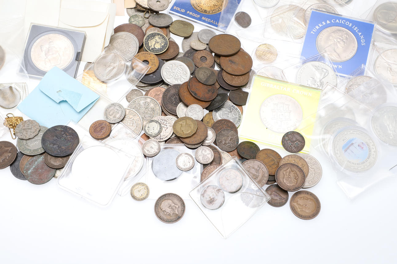 A LARGE COLLECTION OF WORLD COINAGE AND OTHER RELATED ITEMS. Coins ...