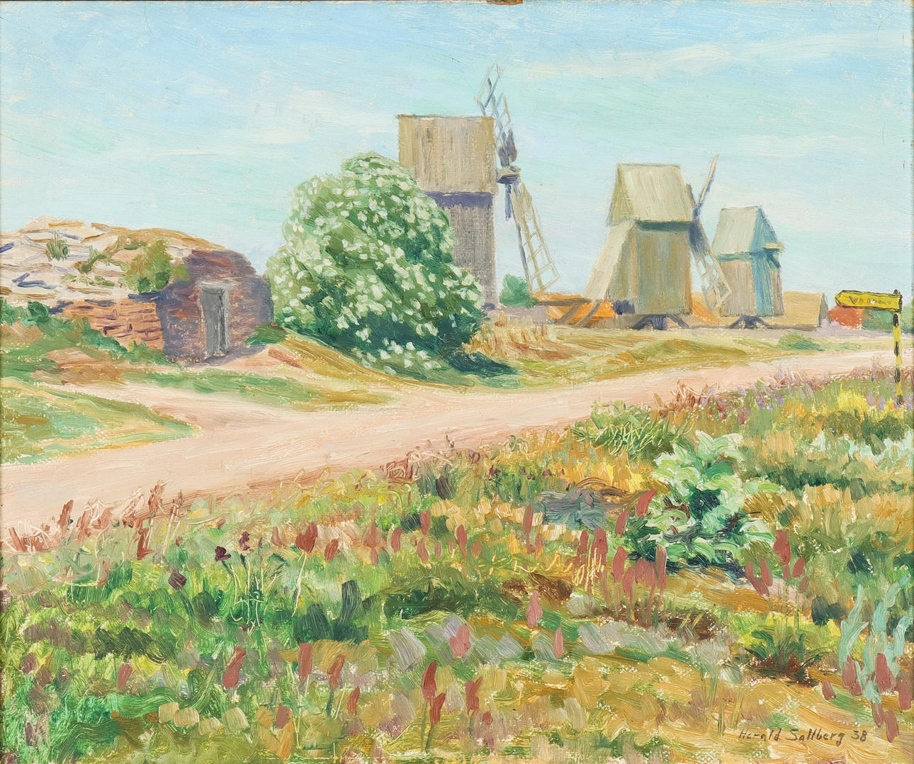 HARALD SALLBERG. Windmills Öland, oil on panel, signed and dated 1938.