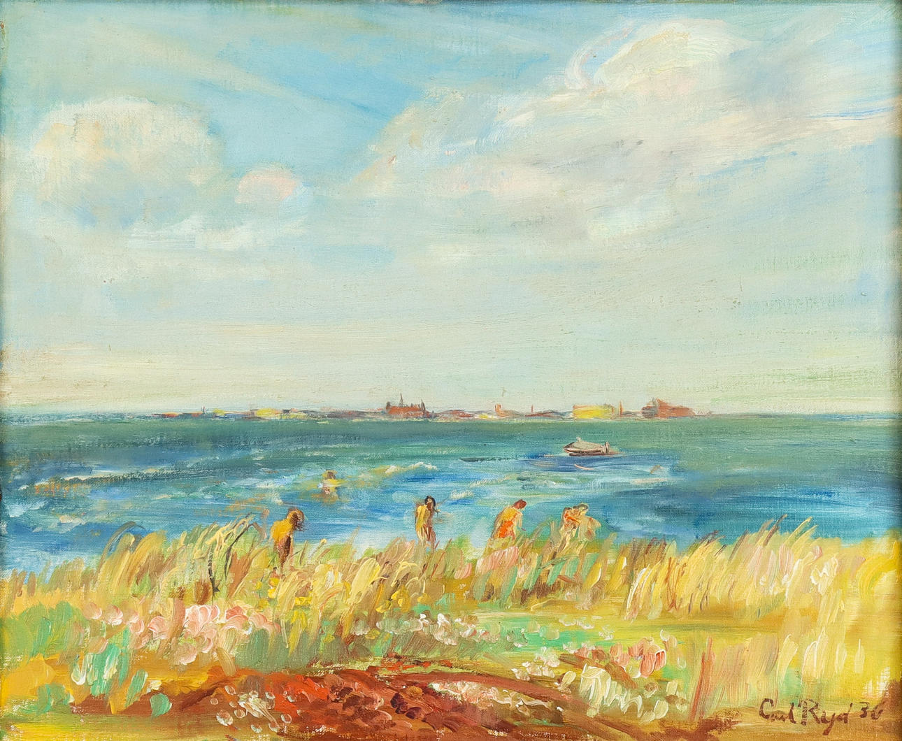 CARL RYD. Badstrand motif from Stora Frö Öland, painted on linen cloth erected on masonite, signed and dated September 1936.