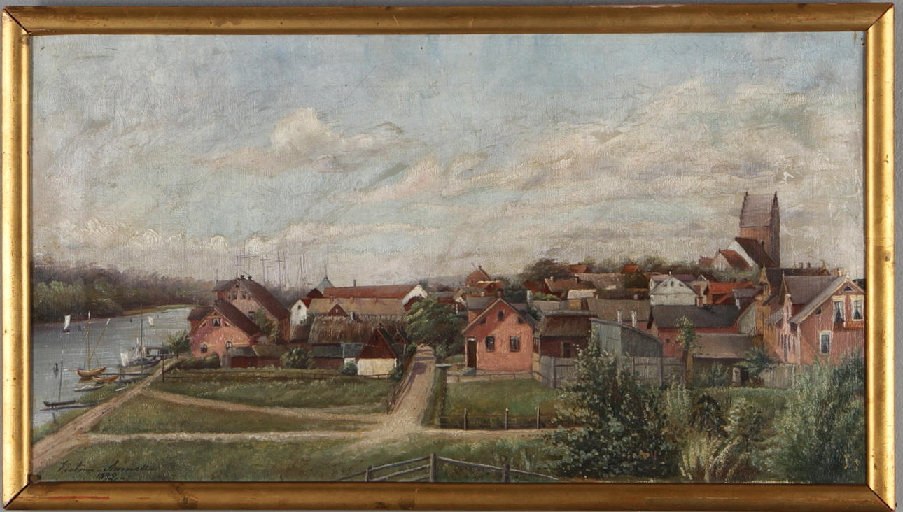 OKÄND KONSTNÄR. "Åhus i Skåne", olja på duk, otydligt signerad, daterad 1892.