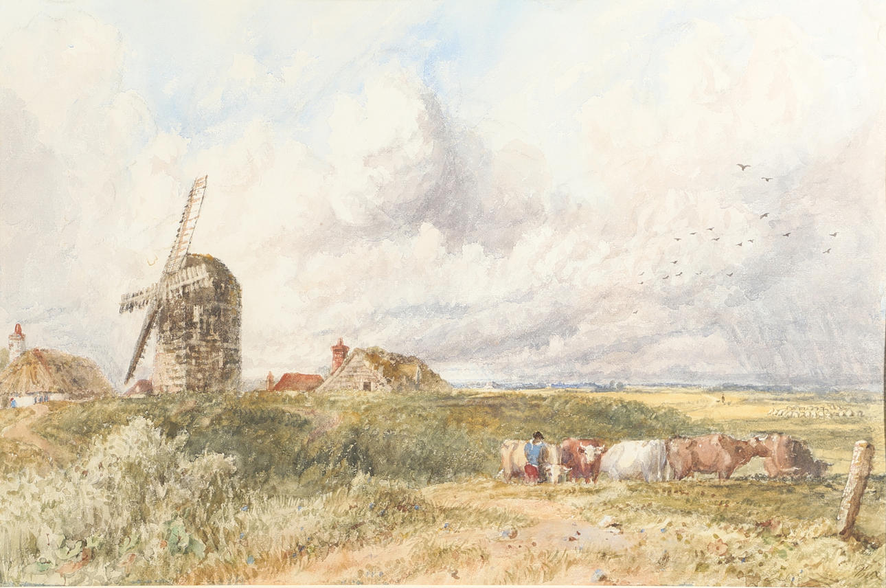 JAMES PRICE (FL.1842-1876). HERDING CATTLE NEAR A WINDMILL.