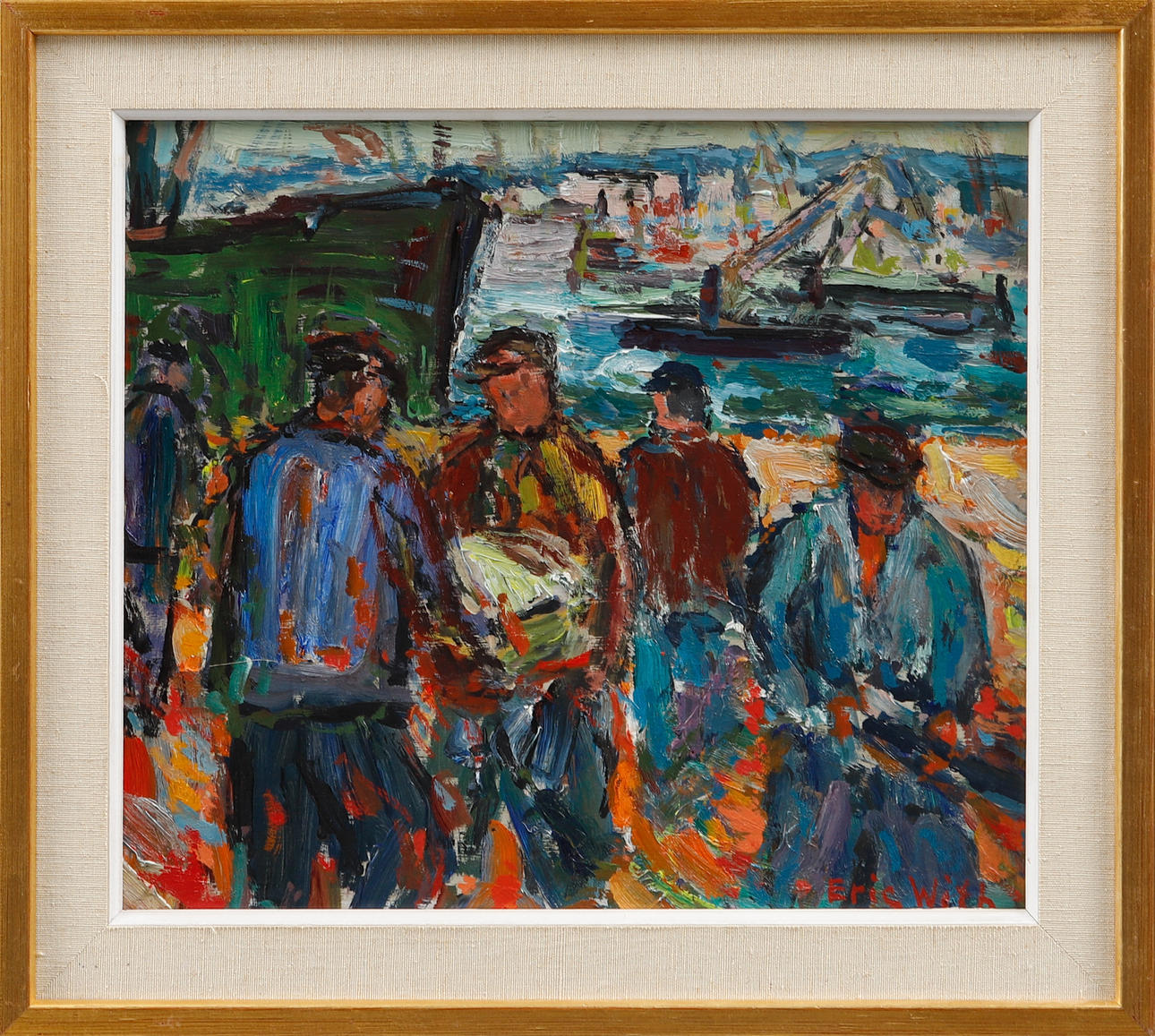 ERIC WITH. Dock workers Gothenburg, oil on Board, signed.