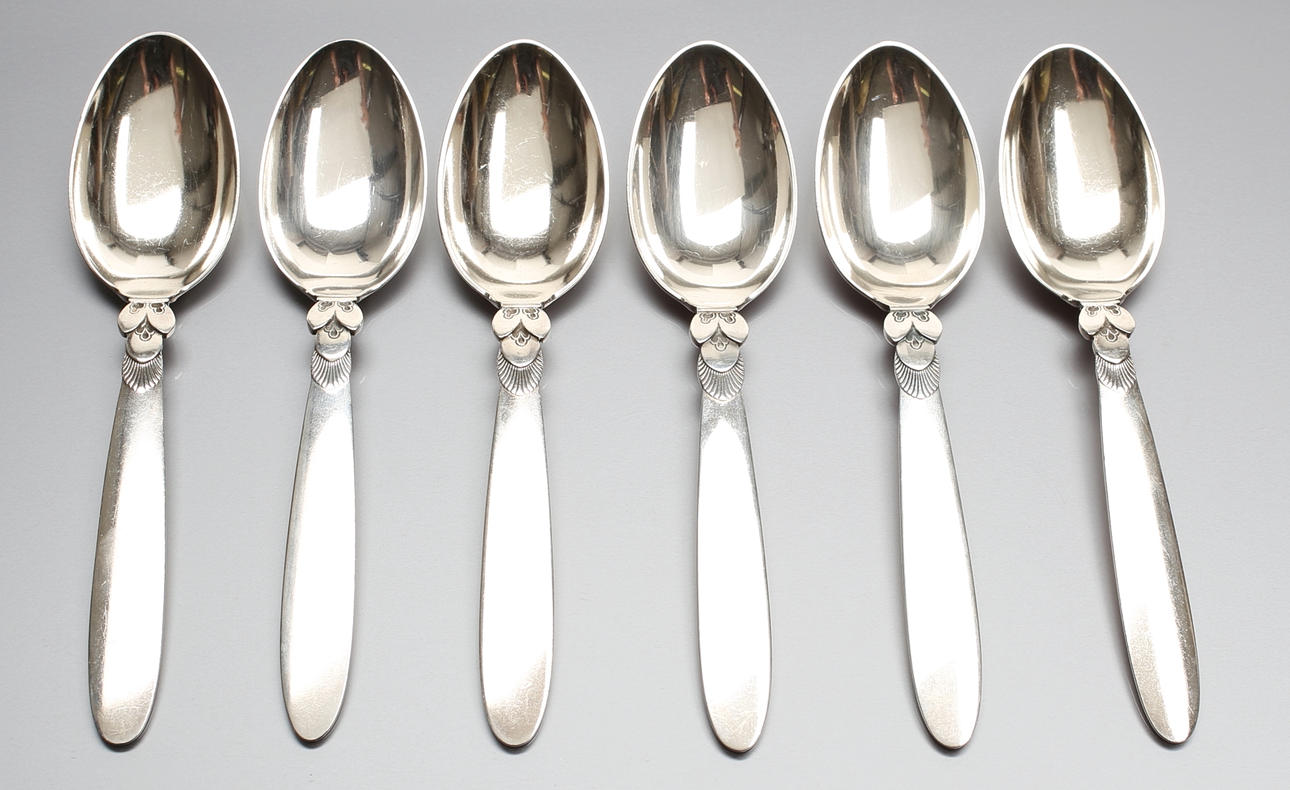 GUNDORPH ALBERTUS (1887 HILLEROD 1969). 6 matskedar sterling silver kaktus.