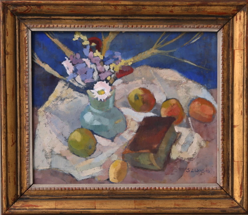 OIDENTIFIERAD KONSTNÄR. Olja på pannå, stilleben, signerad S. Lund, daterad -43.