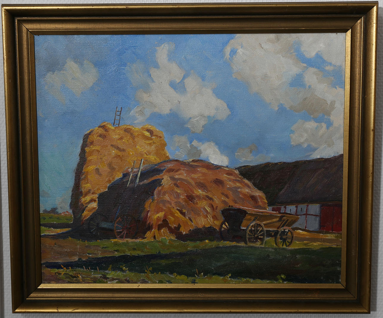 EINAR BAGER. Olja på duk, Höstackar, signerad E Bager 1943.