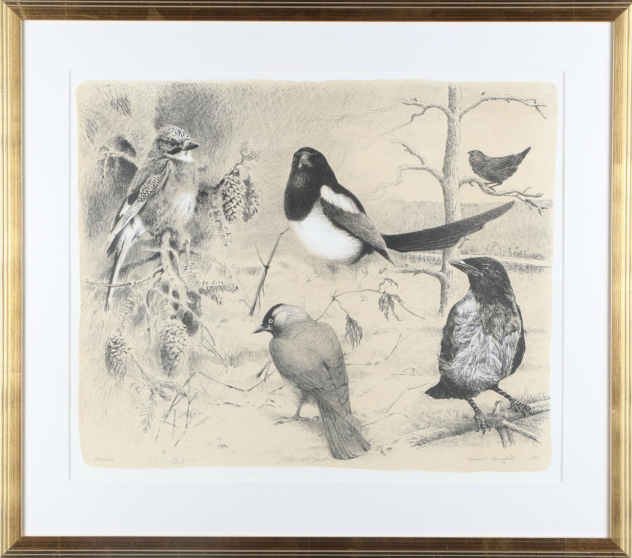 LENNART LANNFJÄLL, LENNART SAND, ROLAND JONSSON. fågelstudie, färglitografi, 3 konstnärer, signerad samt daterad och daterad.