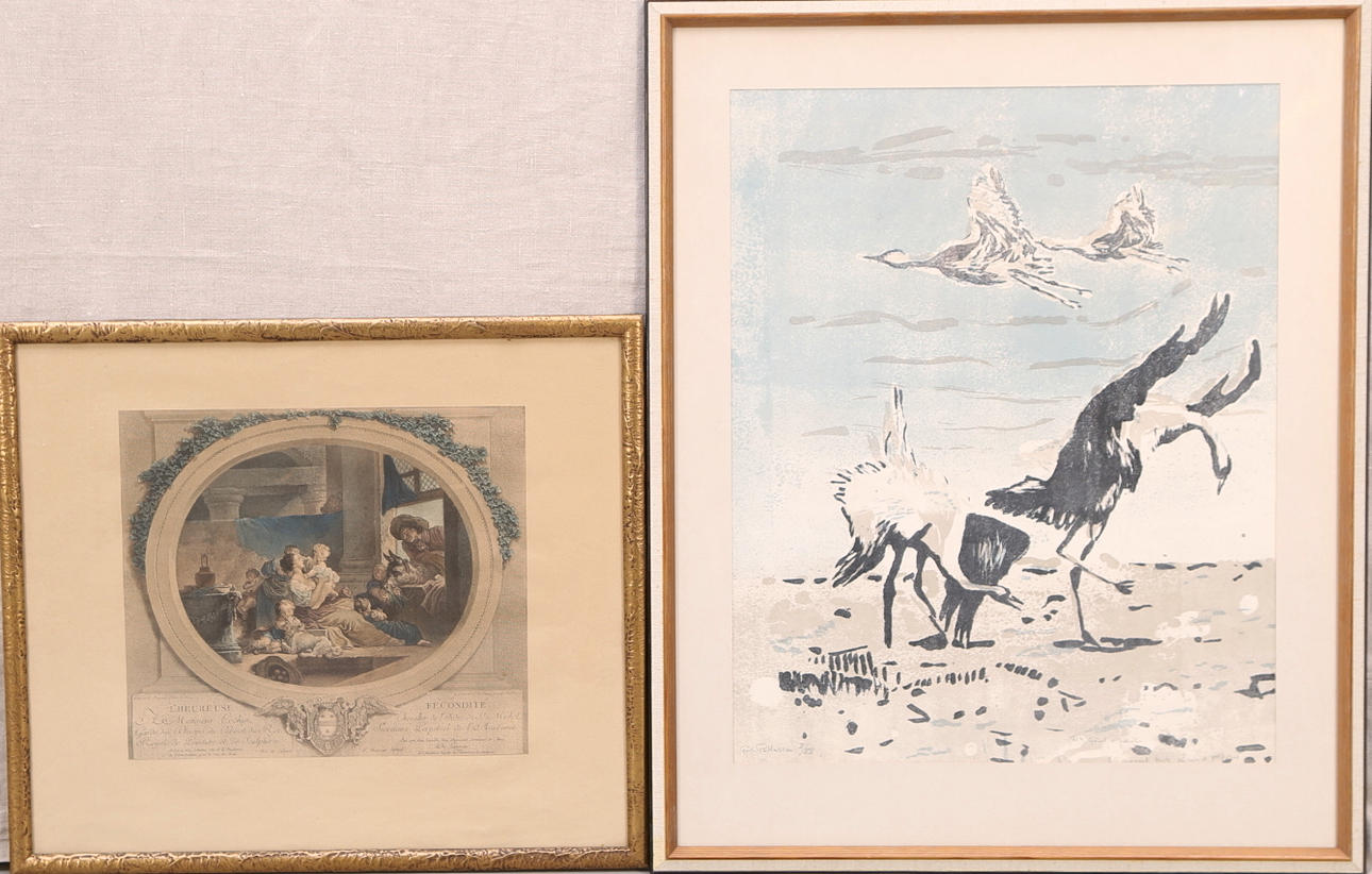 GÖSTA PETTERSSON. Färglitografi, tranor, signerad, numrerad II/XX + GRAVYR "L'heureuse Fécondité".