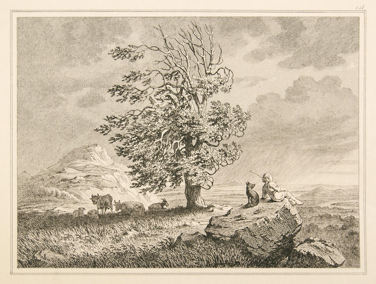 STAHLSTICH UM 1900. Herdepojke med hund och kor på en kulle.