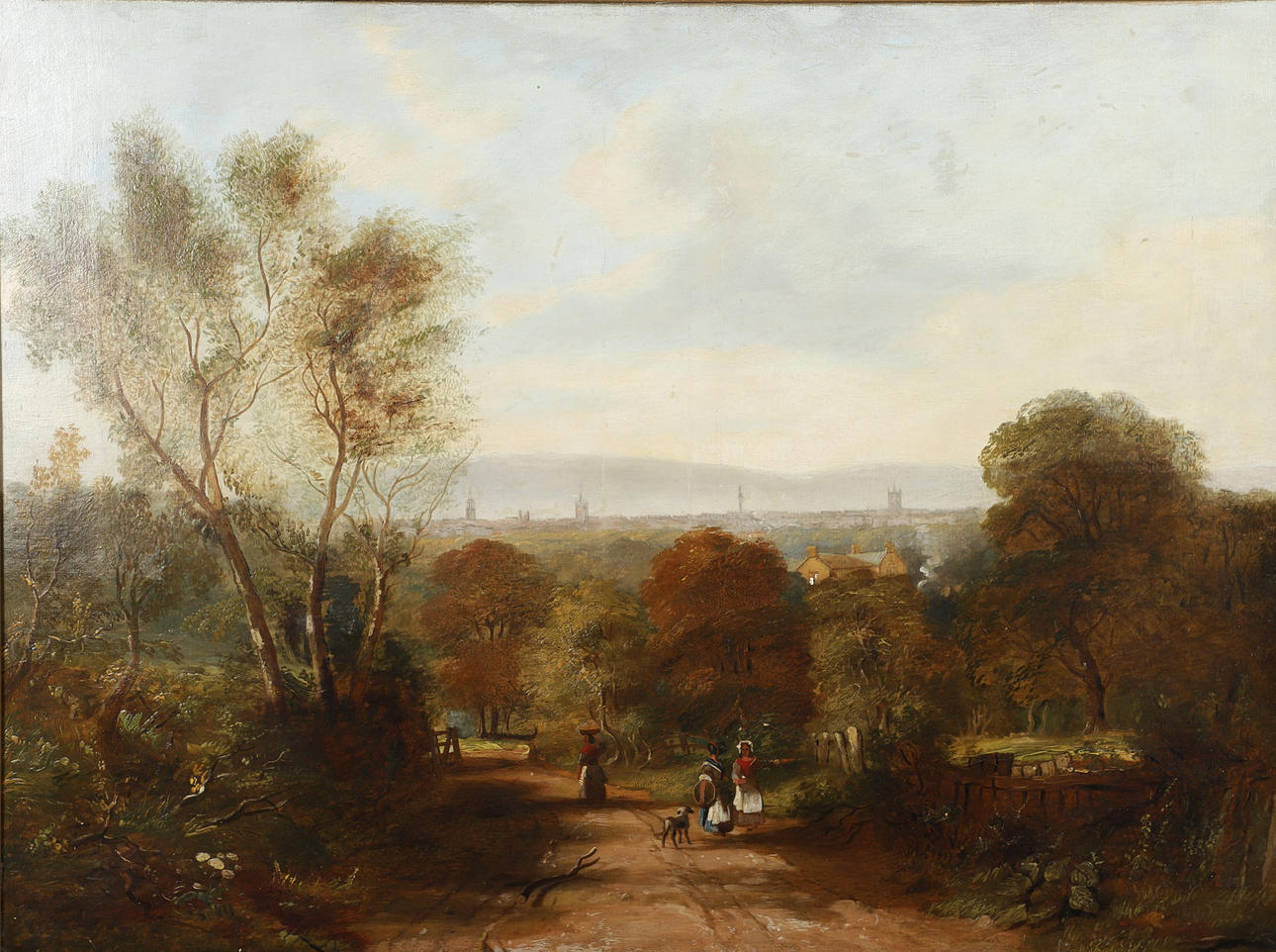 FOLLOWER OF JOHN WARKUP SWIFT (1815-1869). FIGURES ON A COUNTRY ROAD, A CITY BEYOND (NEWCASTLE UPON TYNE?)