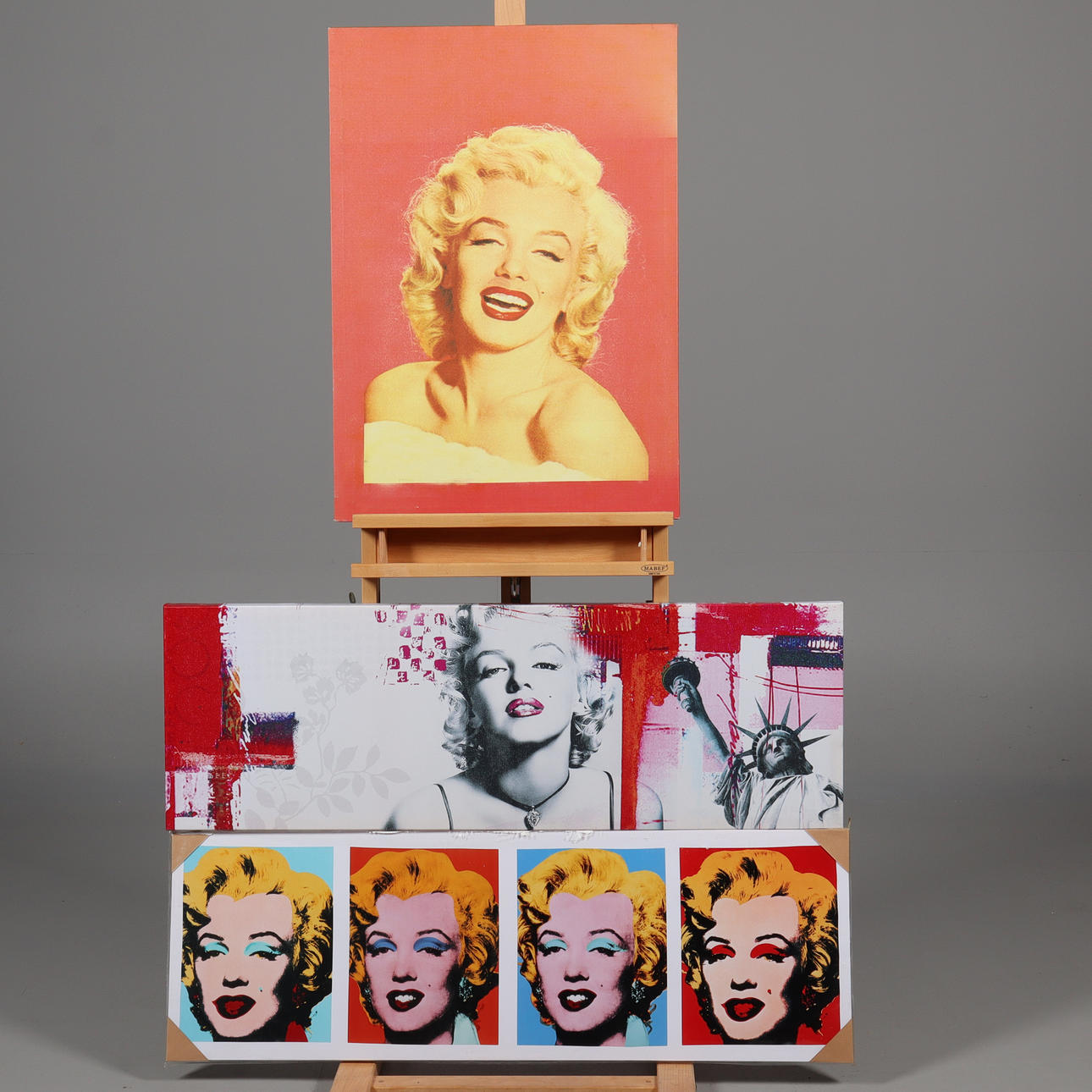 MALERIER, 3 styk, tryk på lærred, Marilyn Monroe.