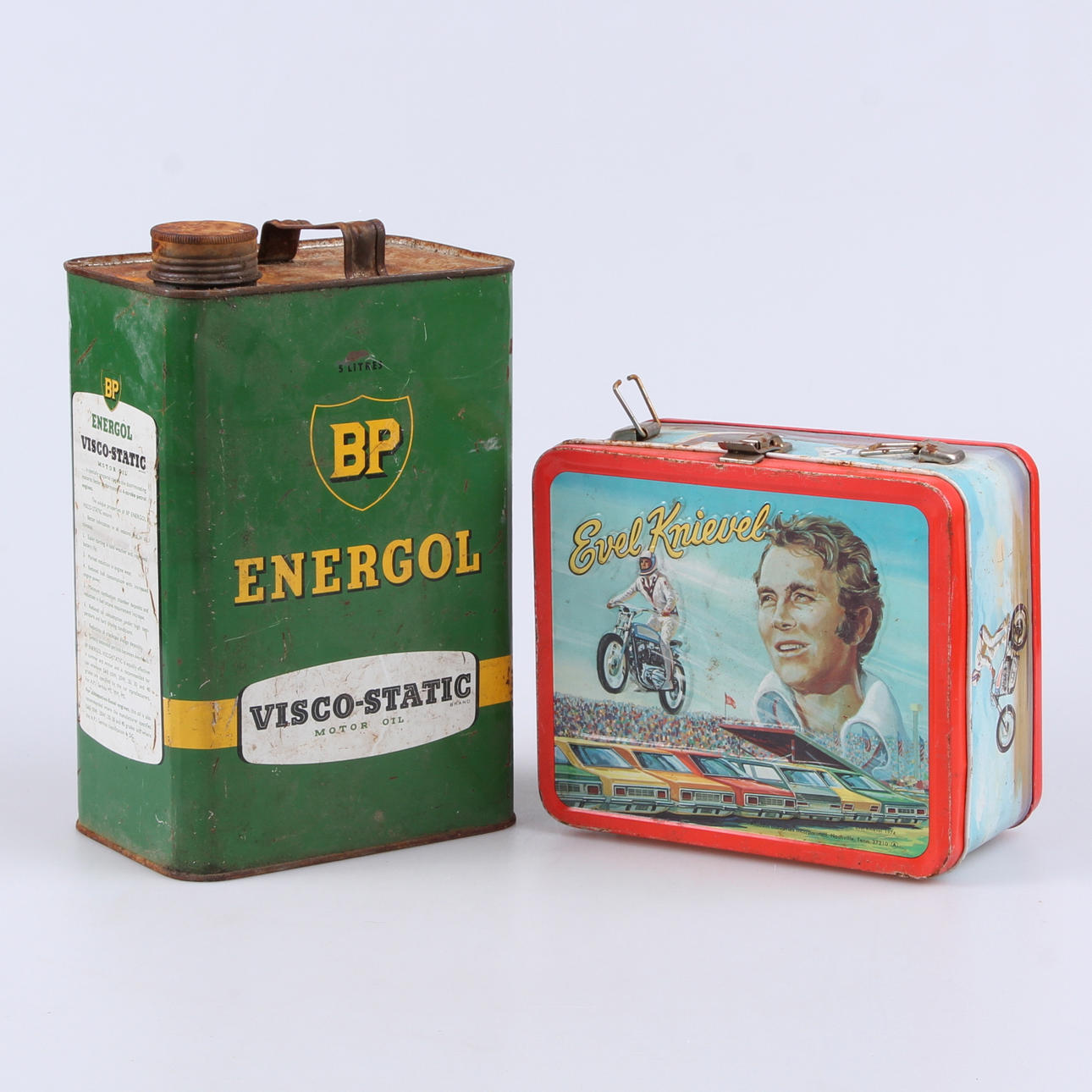 OLJEDUNK, samt matlåda, plåt, Evel Knievel samt BP energol.
