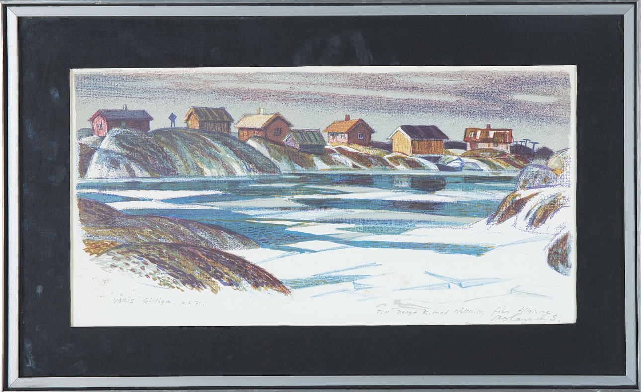ROLAND SVENSSON. "Våris Gillöga", color lithograph, signed dated 71, proof print, gift dedication from Roland S.