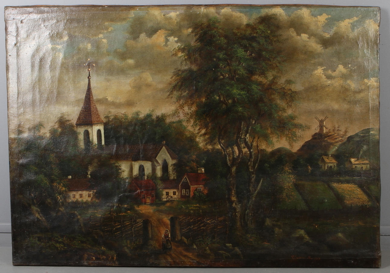 OIDENTIFIERAD KONSTNÄR. Bybild med kyrka, olja på duk, signerad Sandström samt daterad 1868.