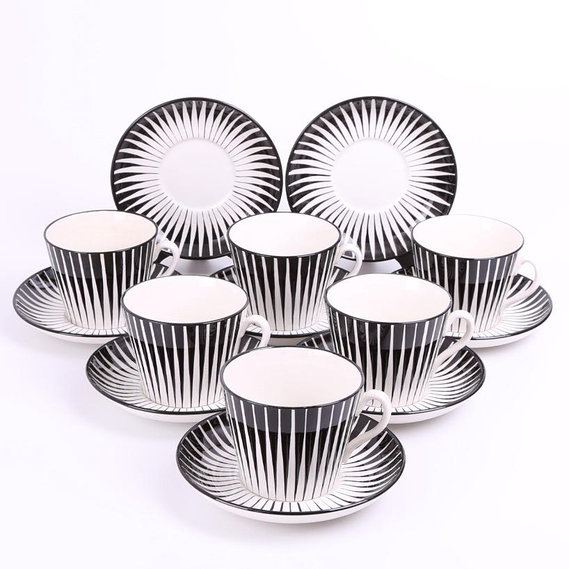 TEKOPPAR med FAT, 6 st + 2 extra fat, "Zebra", Upsala Ekeby, Gefle, Eugen Trost, 1900-talets mitt.