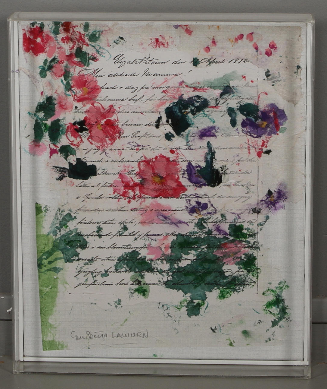 GUN-BRITT LAWURN. Komposition med blommor, blandteknik, signerad.