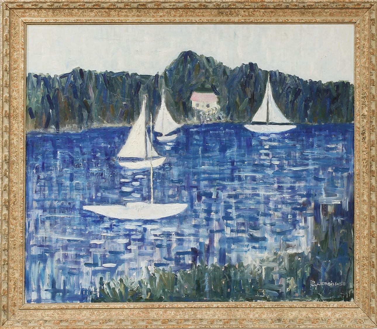 OIDENTIFIERAD KONSTNÄR. Havsmotiv, olja på duk, signerad R. Jersin, daterad 58.