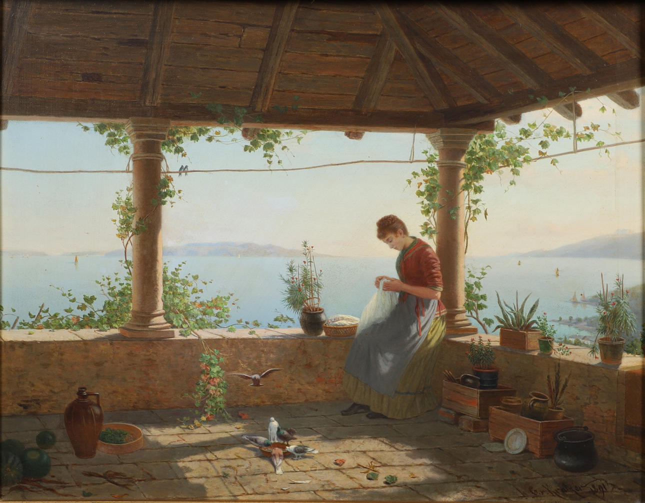 CARL VON KRATZER (1827-1903). A LADY SEWING ON A BALCONY, ITALIAN COAST.