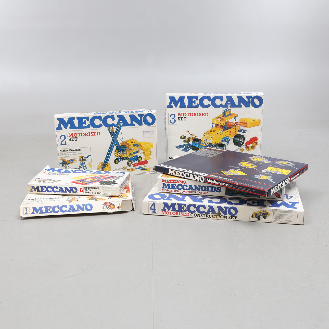MECCANO, construction sets, 7 st, byggsatser i originalförpackningar.