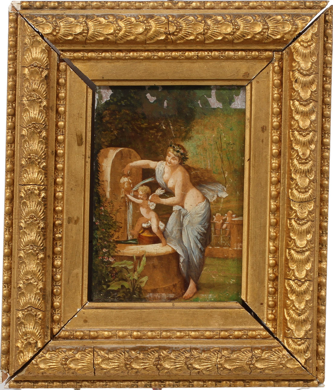 OIDENTIFIERAD KONSTNÄR. Miniatyrmålning föreställande Venus och Cupido, olja på pannå, 1800-tal.