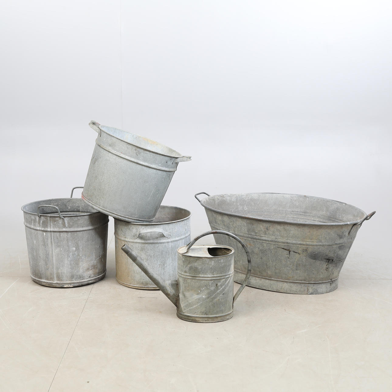 ZINC OBJECTS, tub, buckets watering can.