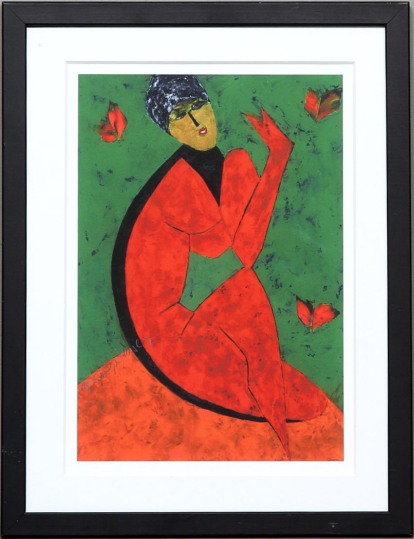 LAJOS FLESSER. Komposition med kvinna i rött och svart. Färglitografi. Signerad och numrerad 44 /150.
