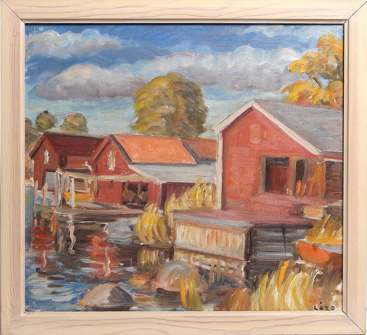 GOTTFRID LÅRD. Sjöbodar, olja på duk, signerad.