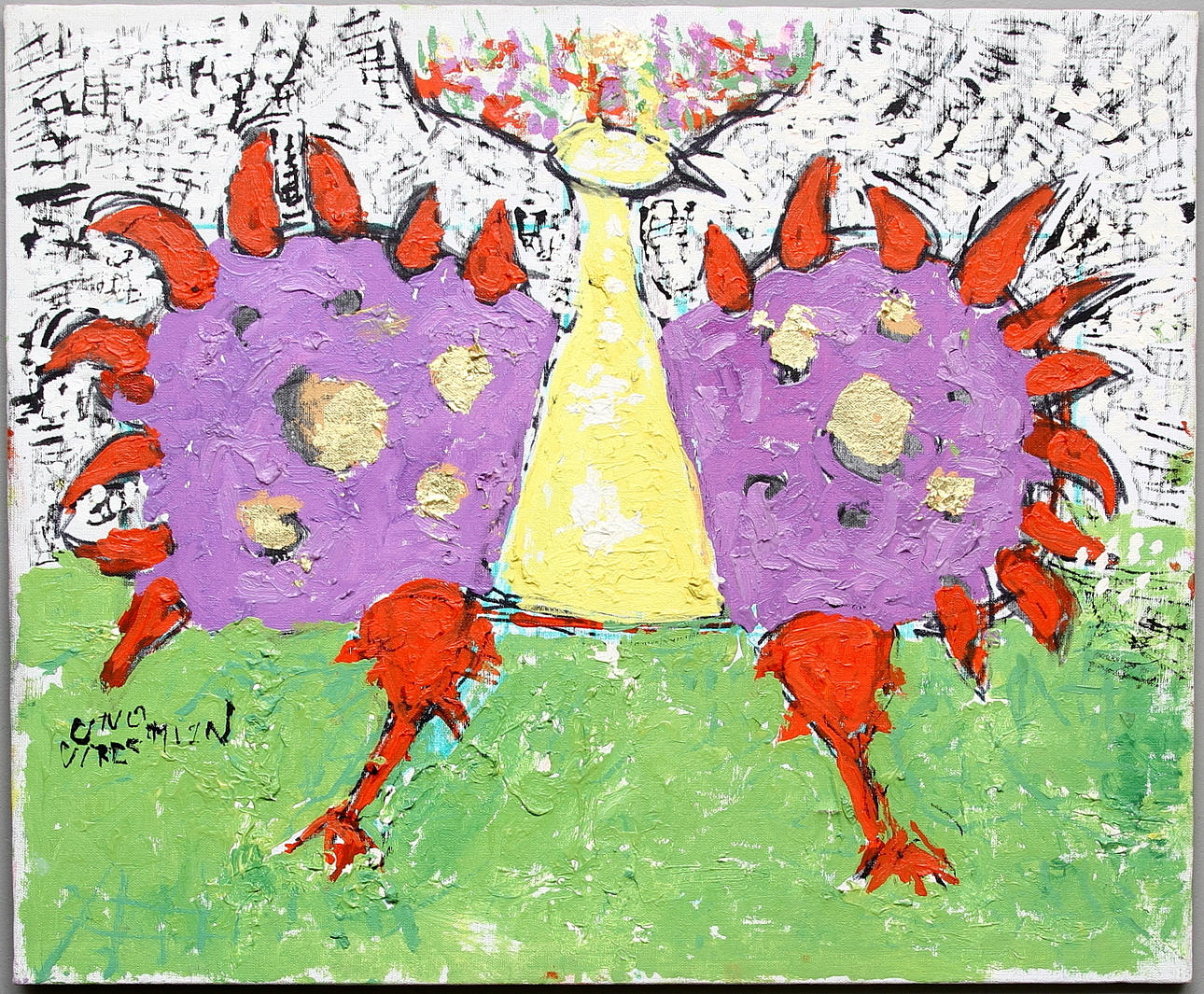 UNO VALLMAN. olja på duk, "påfågel", signerad.