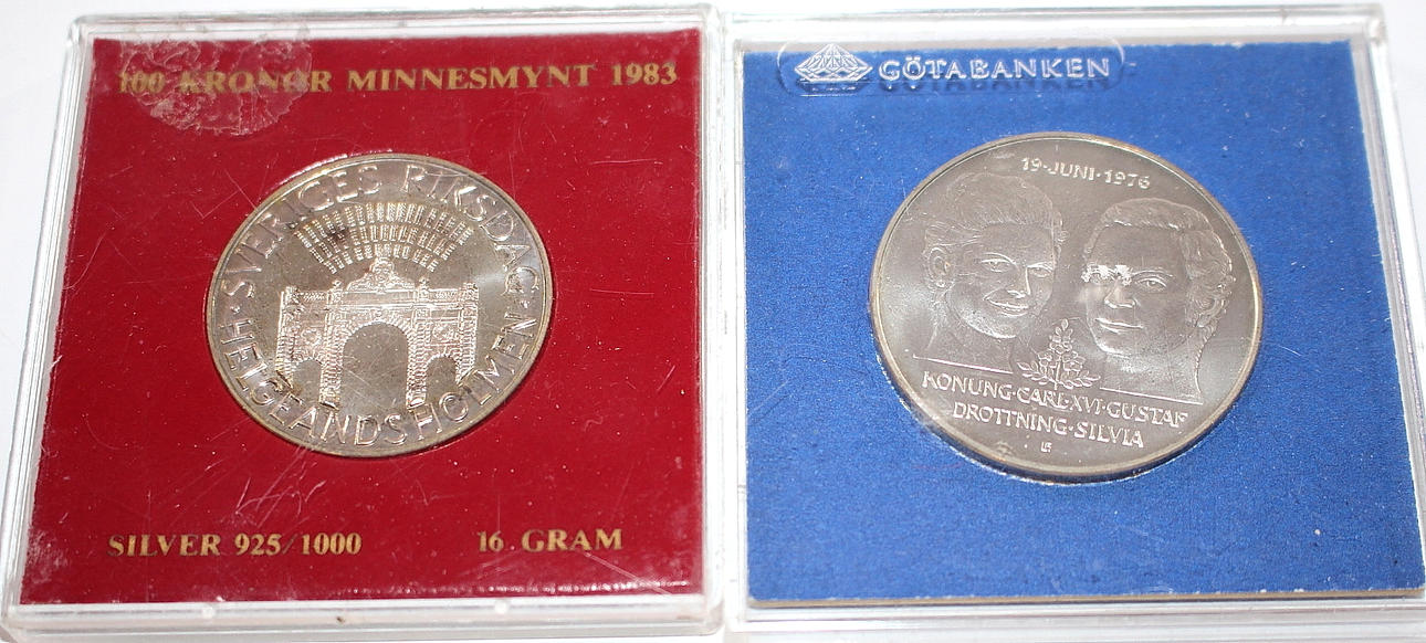 MYNT, 2 st, 100 kr Minnesmynt 1983, 50 kr. Kung Karl-Gustav och Drottning Silvia 19 juni 1976.
