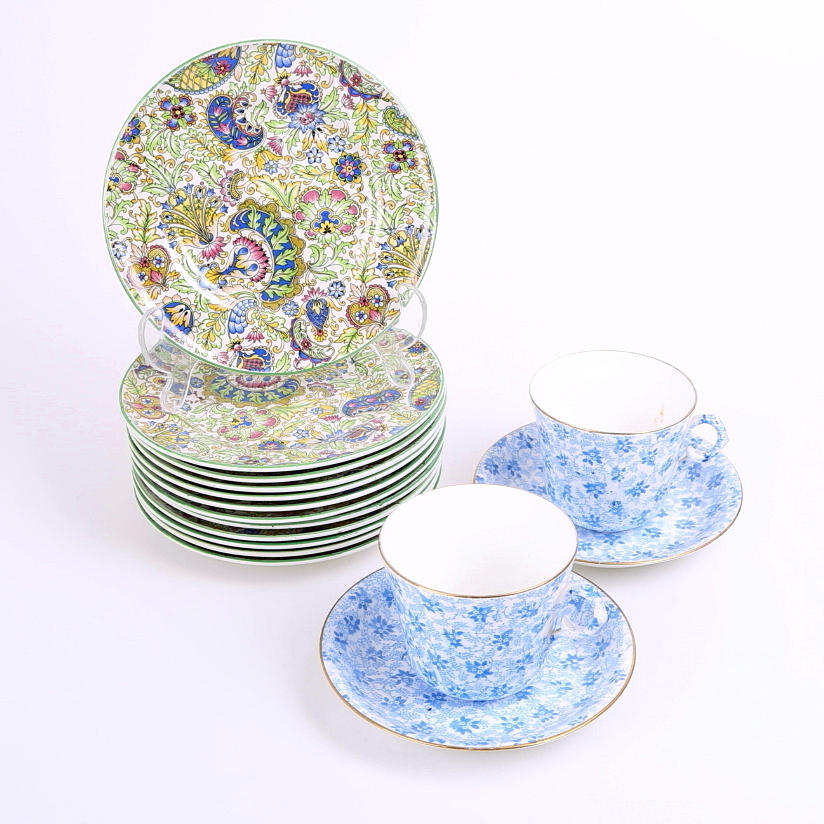 PORSLIN 12 assietter "Mantilj" Gefle, TEKOPPAR 2 st, Rörstrand.