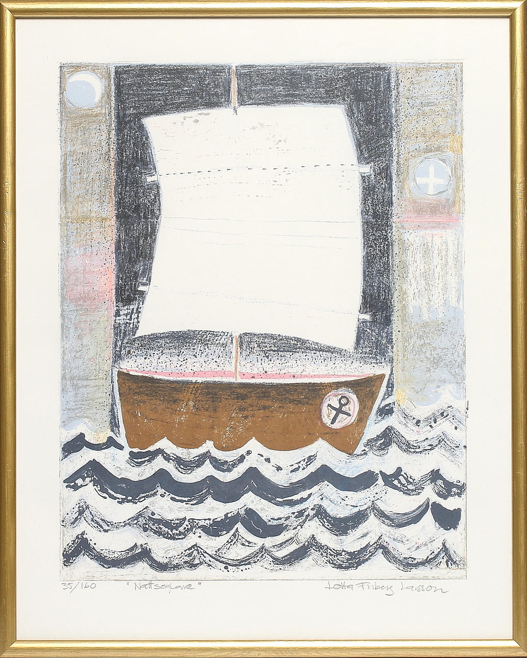 LOTTA FRIBERG LARSSON. "Nattseglare", färglitografi, signerad och numrerad 35/160.