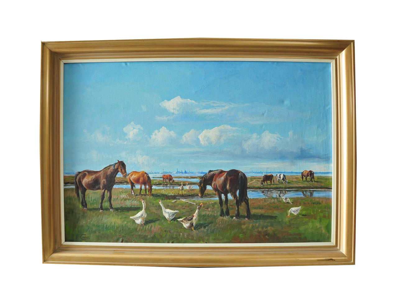 NIELS PETER CHRISTIANSEN. Olja på duk. Landskap med hästar och fåglar, signerad.