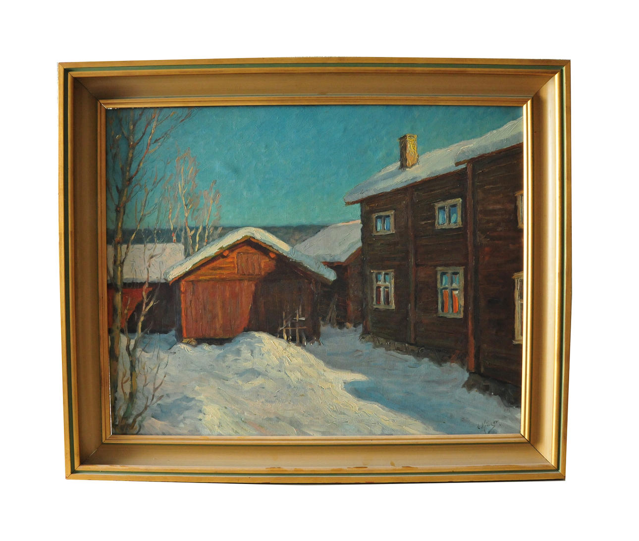 EINAR KRÜGER. Olja på duk. Vinterbild med hus, signerad.