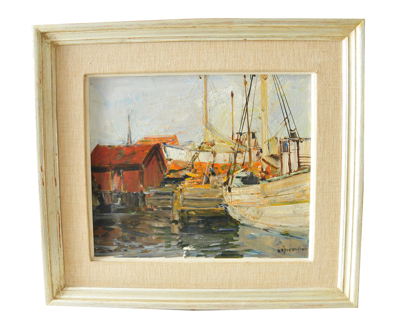 HUGO ÖFVERSTRÖM. Olja på duk. Kustbild med båtar, signerad.