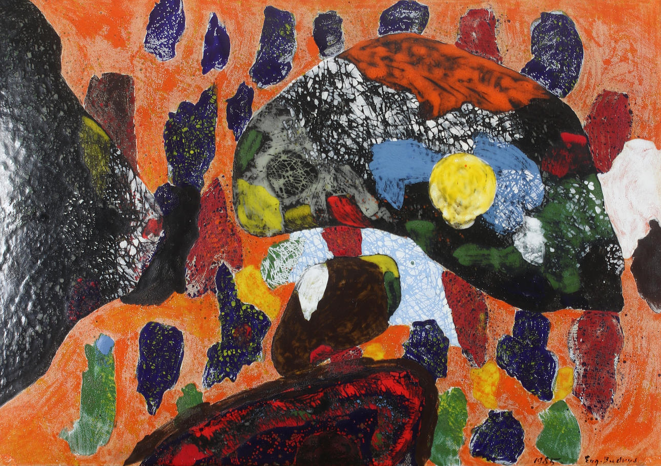 EUGENIJUS BUDRYS. Composition, enamelled plate, signed and dated 1985.