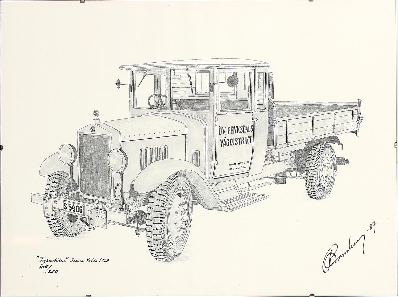 OIDENTIFIERAD KONSTNÄR. "Frykenbilen" Scania Vabis, 1928. Signerad, numrerad och daterad, Nr. 105/200, -87.