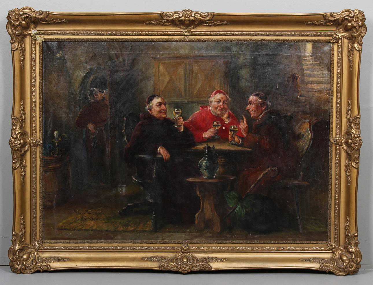 FRITZ DIETRICH. Interiör med munkar. Olja på duk, signerad samt München.