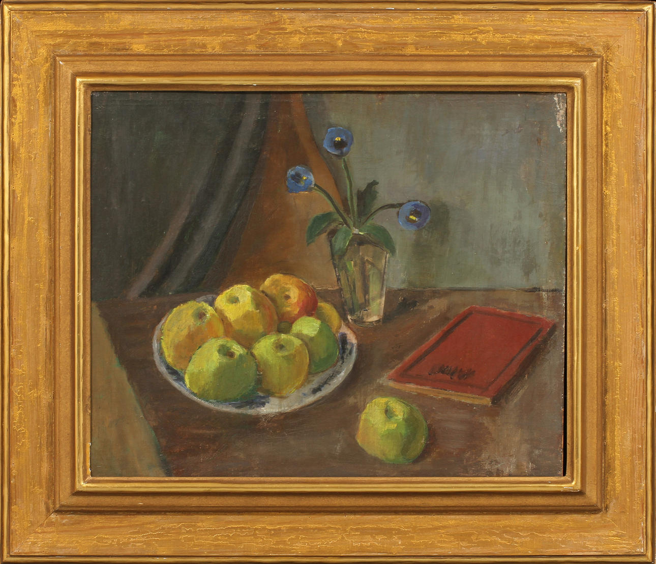 IVAN IVARSON. Stilleben med äpplen, bok och blommor. Olja på duk. Intyg a tergo av Märta Taube-Ivarson.