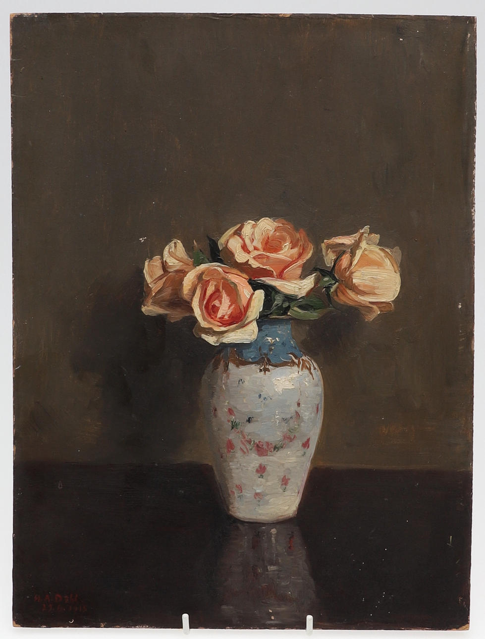 HANS ANDREAS DAHL (1881-1919). A VASE OF PINK ROSES.
