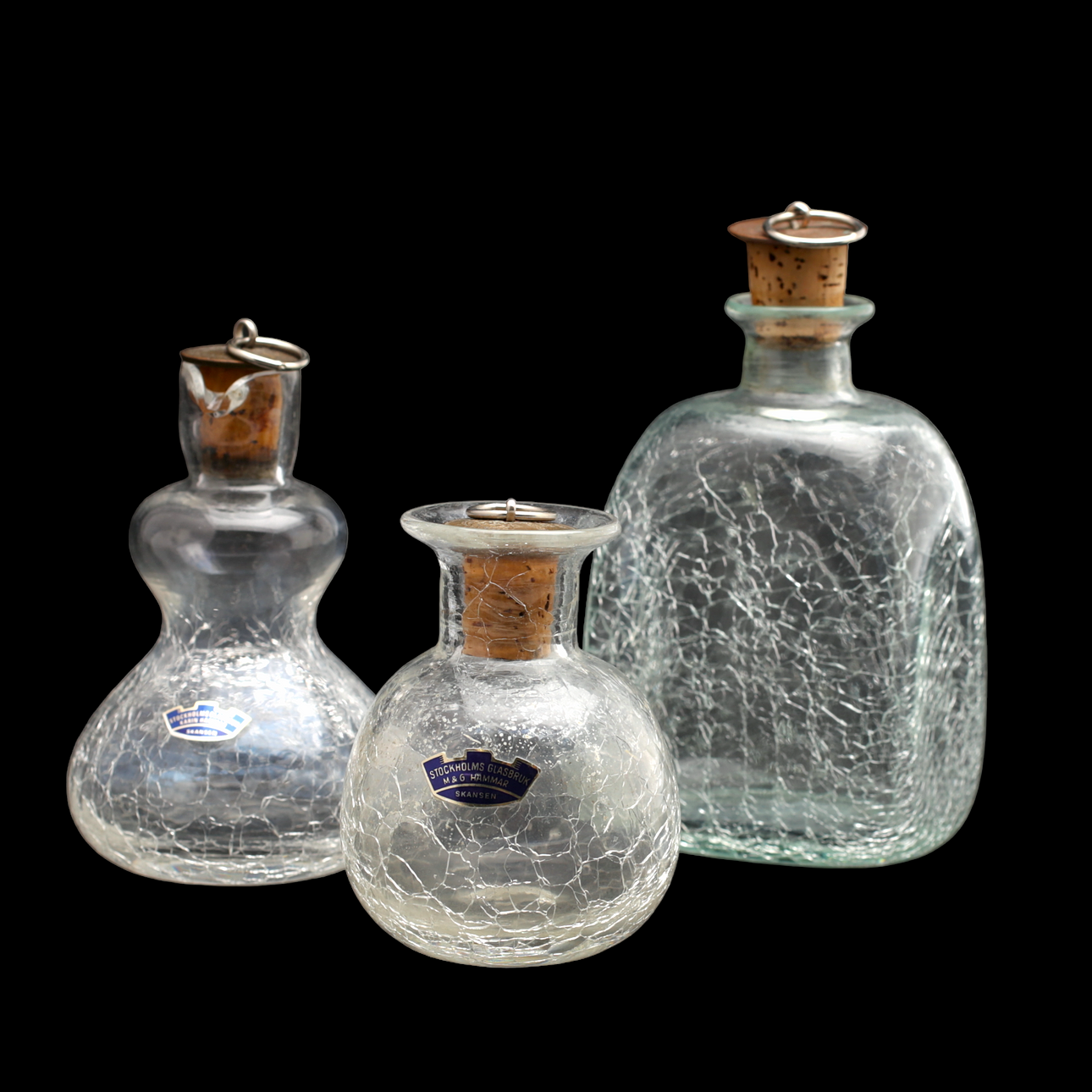 FLASKOR, 3 st, Stockholms glasbruk, M & G Hammar, Skansen.