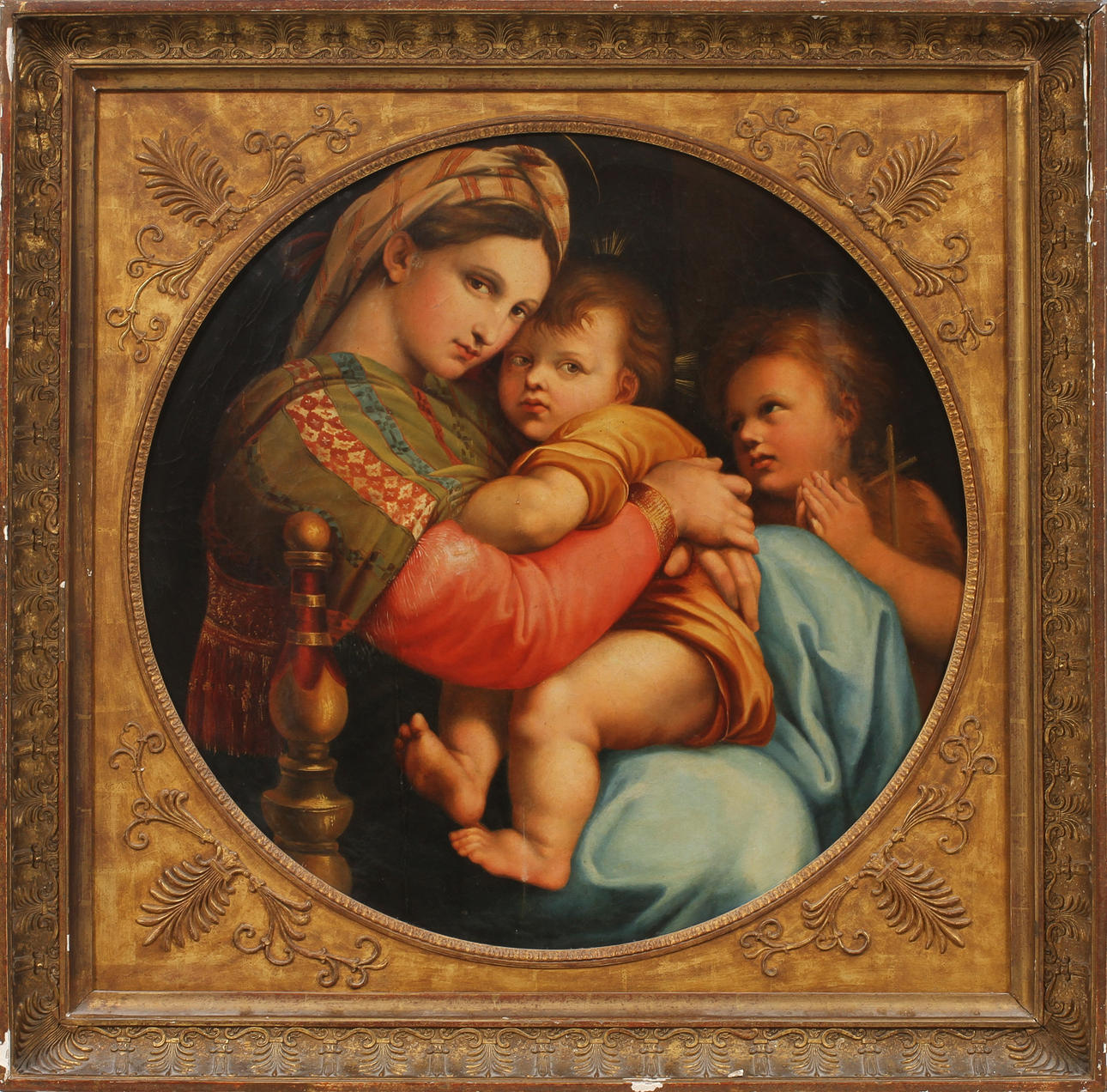 OIDENTIFIERAD KONSTNÄR. Efter Raphaels "Madonna della Sedia". Olja på duk, signerad och daterad 1805 a tergo.